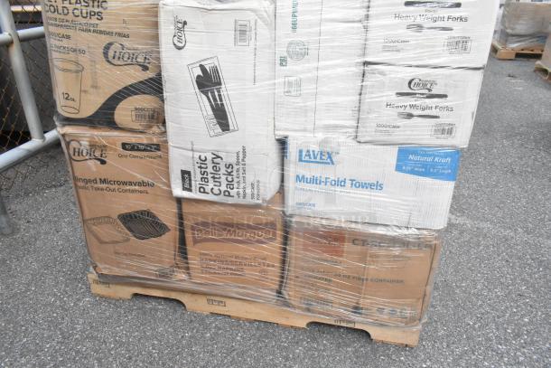 Pallet with 32 scratch and dent items, including plastic cups, cutlery, towels, napkins. Brands: Choice, Lavex. Wrapped in plastic.