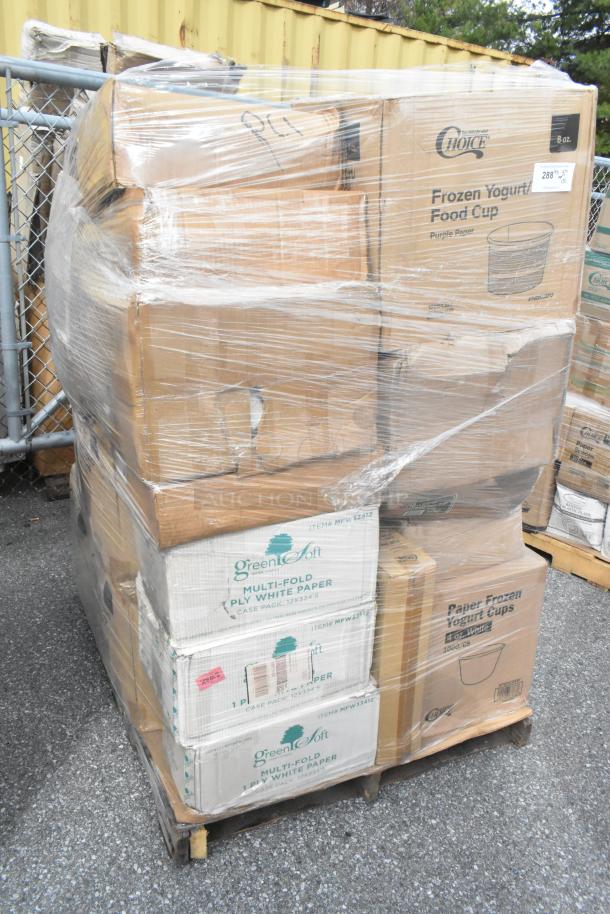 Pallet of 31 new items including frozen yogurt cups, paper bags, wrapped in plastic. Scratch and dent condition.