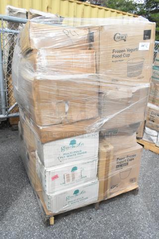Pallet of 31 new items including frozen yogurt cups, paper bags, wrapped in plastic. Scratch and dent condition.