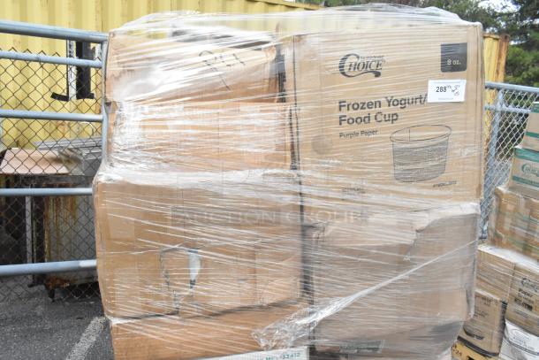 Shrink-wrapped pallets with boxes of Choice brand frozen yogurt food cups, labeled "8 oz, Purple Paper," in new condition.
