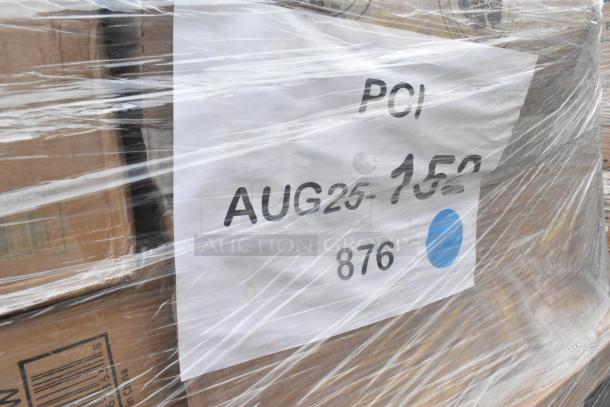 Pallet of various scratch and dent items, including food cups and paper bags, wrapped in plastic with label "PCI AUG25-152 876."