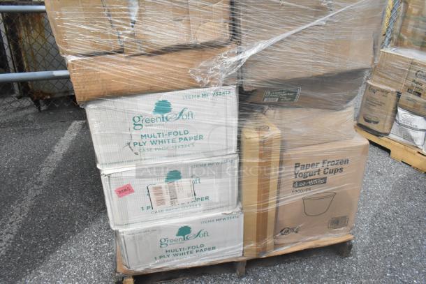 Pallet with 31 brand new scratch and dent items including Green Soft paper towels, frozen yogurt cups, paper bags in original packaging.