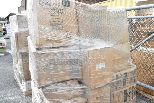 Pallet of 31 brand new items including scratch and dent food cups, paper bags, hot cups, wrapped in plastic.