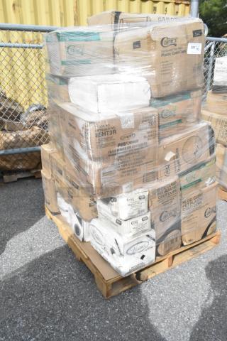 Pallet of 29 assorted new items including plastic cold cups, grocery bags, plates, and teaspoons, some with minor damage.