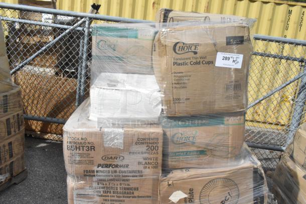 Boxes of brand new scratch and dent items including Choice plastic cold cups, Dart foam containers, and plates.