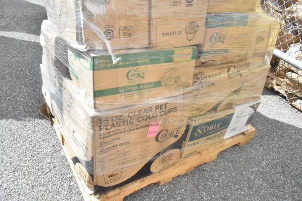 29 brand new scratch and dent items on pallet, includes EcoChoice cold cups, Noble plates, teaspoons, grocery bags.