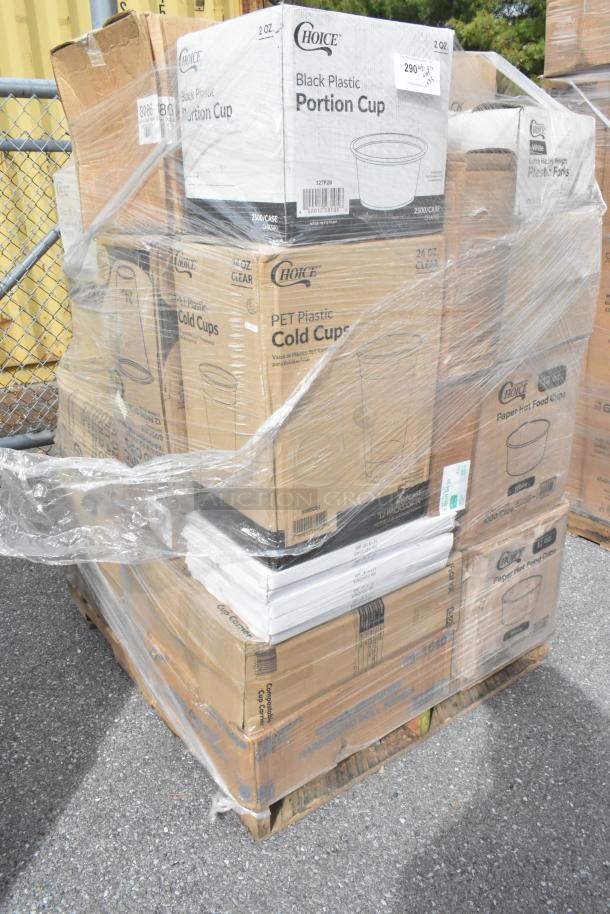 Pallet of Choice brand cold cups, portion cups, and food containers. Brand new, some with minor dents. 35 items total.