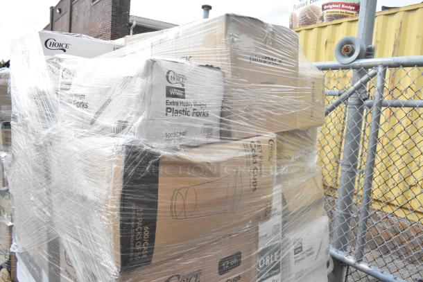 Shrink-wrapped pallet of 35 brand new Choice items, including cold cups and plastic forks, labeled with "scratch and dent."