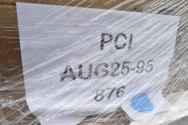 Packaged items labeled "PCI AUG25-95 876," wrapped in plastic. Contains scratch and dent cold cups, food cups, containers, gloves.