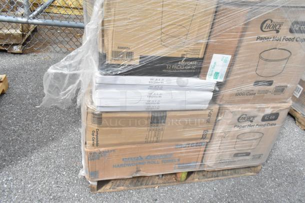 Pallet of assorted scratch and dent items including Choice paper hot food cups, cold cups, takeout containers, and gloves, shrink-wrapped.