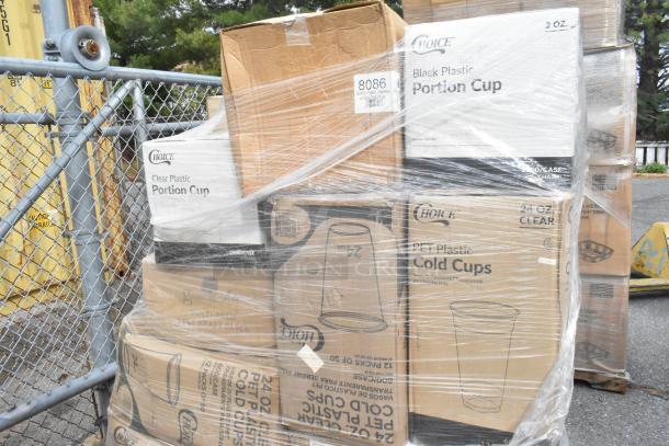 Boxes of brand new scratch and dent items. Includes Choice brand plastic cups and containers. Packaged on a pallet.