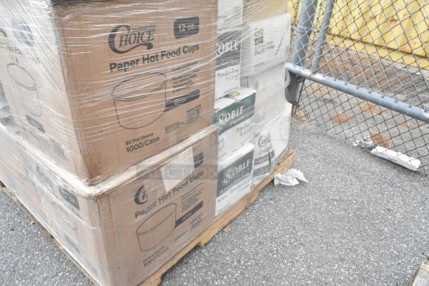 Pallet of 35 new scratch and dent items, including Choice paper hot food cups, Noble disposable gloves, and plastic forks.