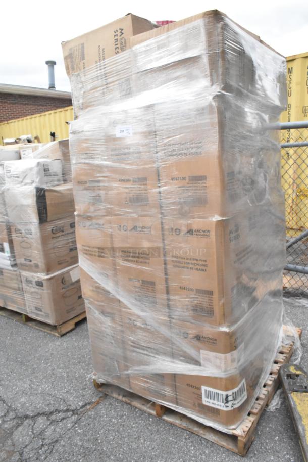 Stack of 26 sealed boxes of Anchor Packaging M1200 Mega Meal Microwaveable Trays on a pallet, shrink-wrapped. Brand new, scratch and dent.