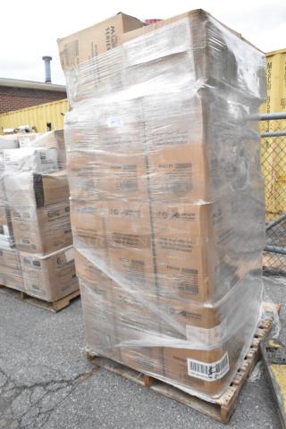 Stack of 26 sealed boxes of Anchor Packaging M1200 Mega Meal Microwaveable Trays on a pallet, shrink-wrapped. Brand new, scratch and dent.