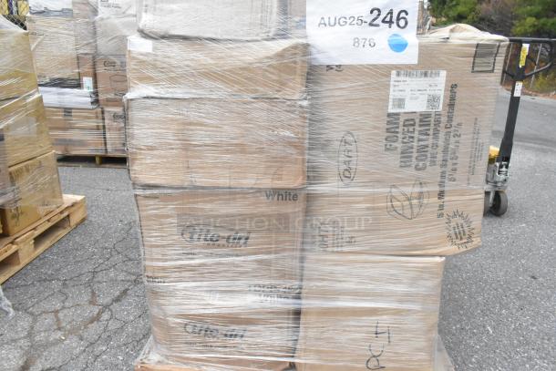 Shrink-wrapped pallet of various new scratch and dent items, including portion cups, cold cups, and hot cups. Boxes marked "Dart" and "Lite-Lid."