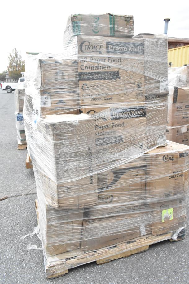 Pallet of 34 brand new scratch and dent boxes with portion cups, cold cups, poultry pads, hot cups; shrink-wrapped and labeled.