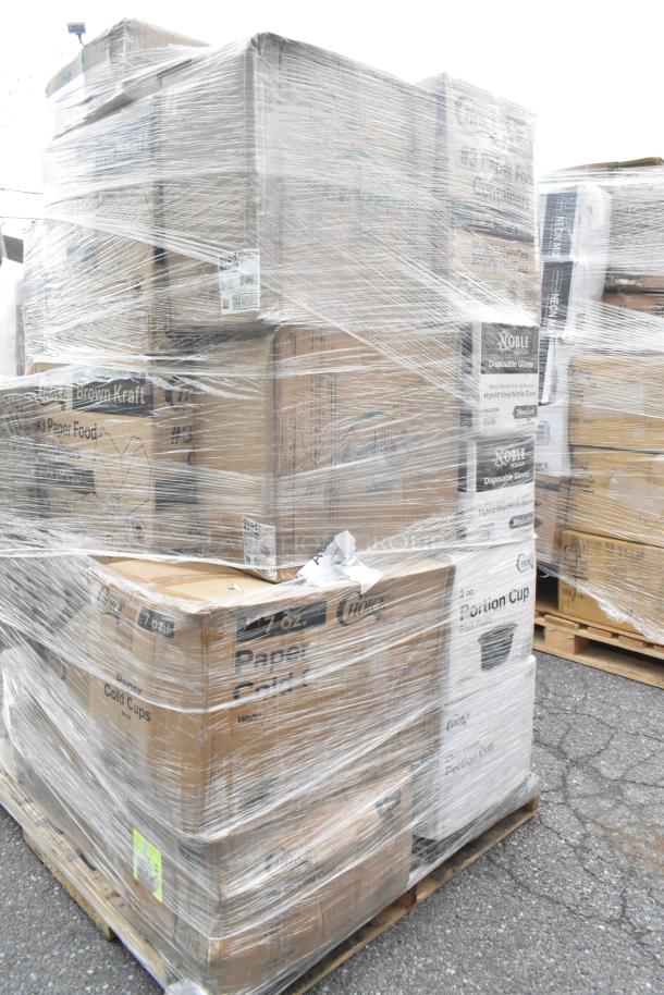 34 new scratch and dent items on a pallet, including portion cups, cold cups, poultry pads, and hot cups, shrink-wrapped.