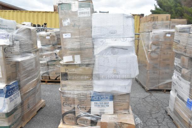 Pallet of 25 brand new scratch and dent items, including paper towels, cold cups, and containers. Wrapped in plastic.