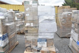 Pallet of 25 brand new scratch and dent items, including paper towels, cold cups, and containers. Wrapped in plastic.