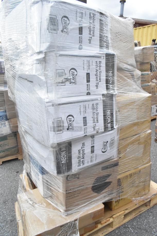 Pallet of assorted scratch and dent items, including boxes of paper towels, cups, and containers, shrink-wrapped for auction.