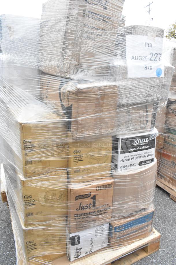 Pallet of 25 new scratch and dent items, mostly boxed, including paper towels, plastic cups, and containers, wrapped in plastic.