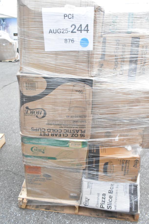 Pallet of 21 assorted scratch and dent items including bath tissue, plates, cups, trays, cup carrier; sealed in plastic wrap.