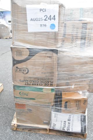 Pallet of 21 assorted scratch and dent items including bath tissue, plates, cups, trays, cup carrier; sealed in plastic wrap.