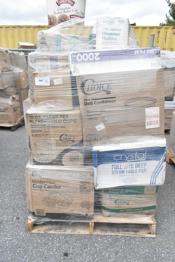 Palette of 21 new scratch and dent items: bath tissue, plates, cold cups, serving trays, cup carrier. Wrapped packaging.