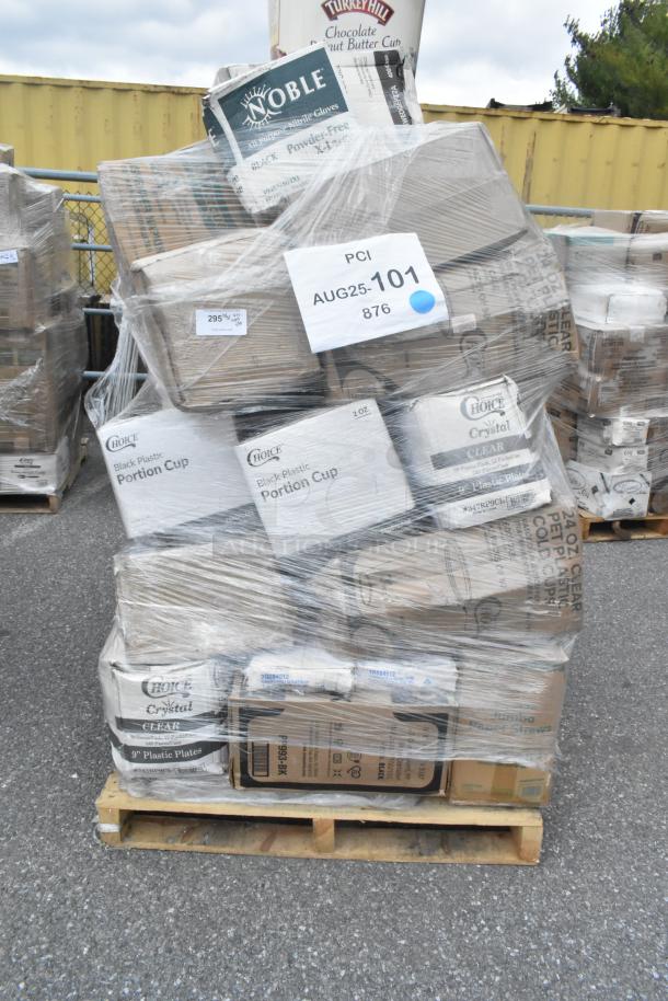 Pallet of 30 brand new scratch and dent items, including Noble gloves, Choice plastic portion cups, plates, and straws, wrapped in plastic.