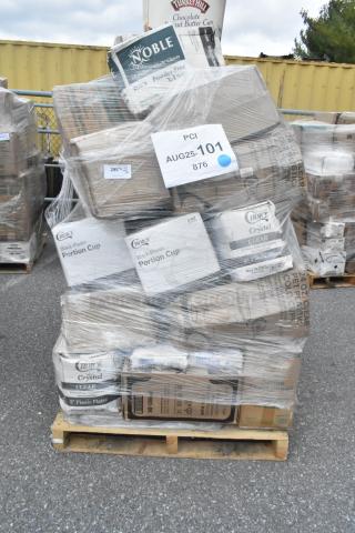 Pallet of 30 brand new scratch and dent items, including Noble gloves, Choice plastic portion cups, plates, and straws, wrapped in plastic.