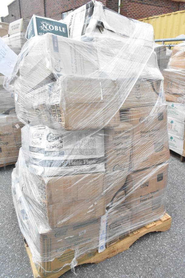 Pallet of 30 new scratch and dent items, including Noble cold cups and Choice plastic plates, wrapped in plastic.