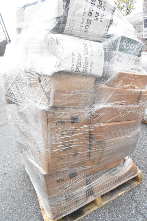 Pallet of assorted scratch and dent items including stacked boxes of cold cups, takeout containers, and plates, wrapped in plastic.