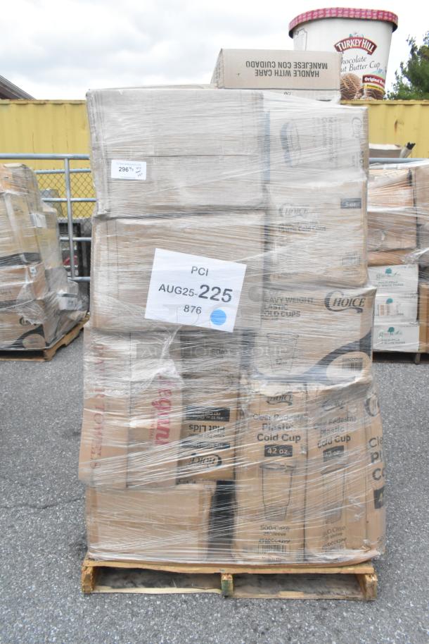Pallet of 27 new scratch and dent items, including cold cups, containers, towels, and plates. Marked PCI AUG25-225.