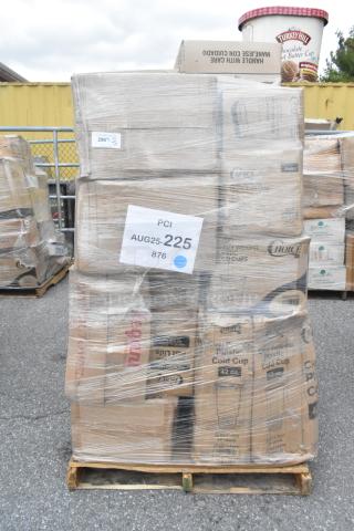 Pallet of 27 new scratch and dent items, including cold cups, containers, towels, and plates. Marked PCI AUG25-225.
