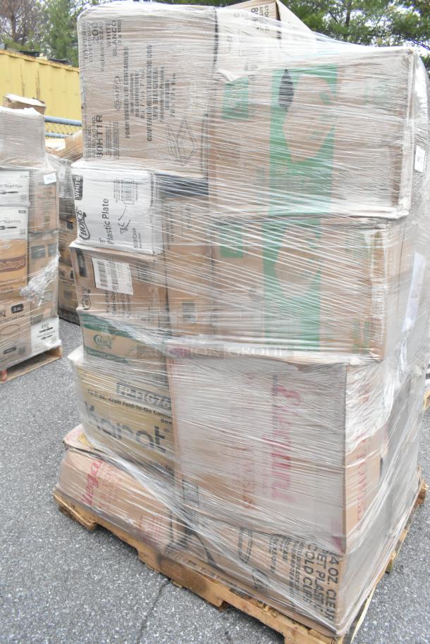 Shrink-wrapped pallet of 27 new scratch and dent items, including cold cups, containers, towels, and plates. Various box markings visible.