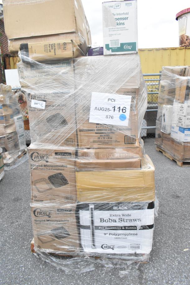 Pallet of 34 scratch and dent items, including cold cups, popcorn buckets, plastic cups, shot glasses, straws, and churro bags.