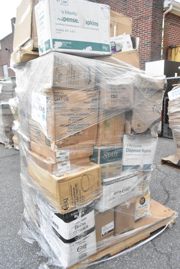 Stack of 34 brand new scratch and dent items on a pallet. Includes napkins, plastic cups, straws, and popcorn bucket.