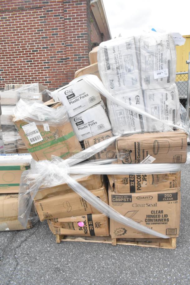 Pallet of 23 new scratch and dent items, including cold cups and plastic cutlery, in original packaging. Various brands visible.