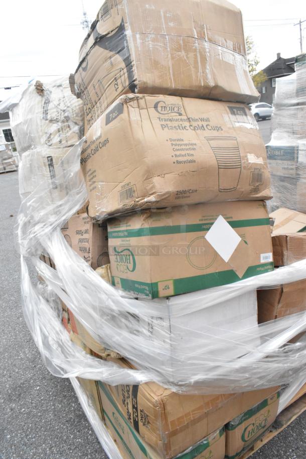 Pallet with 23 new, scratch-and-dent boxed items, including Choice plastic cold cups. Boxes appear slightly damaged.