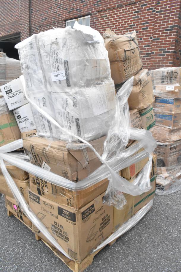 Pallet of 23 new scratch and dent items, including cold cups and packaging materials, wrapped in plastic for auction.