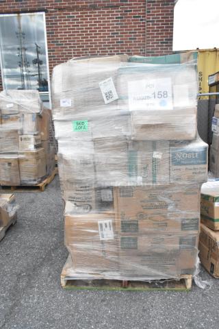 Pallet stacked with 27 brand new scratch and dent items, including paper towels, plates, containers, and gloves, wrapped in plastic.