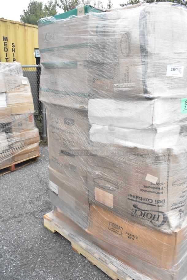 Pallet of 27 new scratch and dent items, wrapped in plastic. Includes paper towels, plates, containers, gloves.