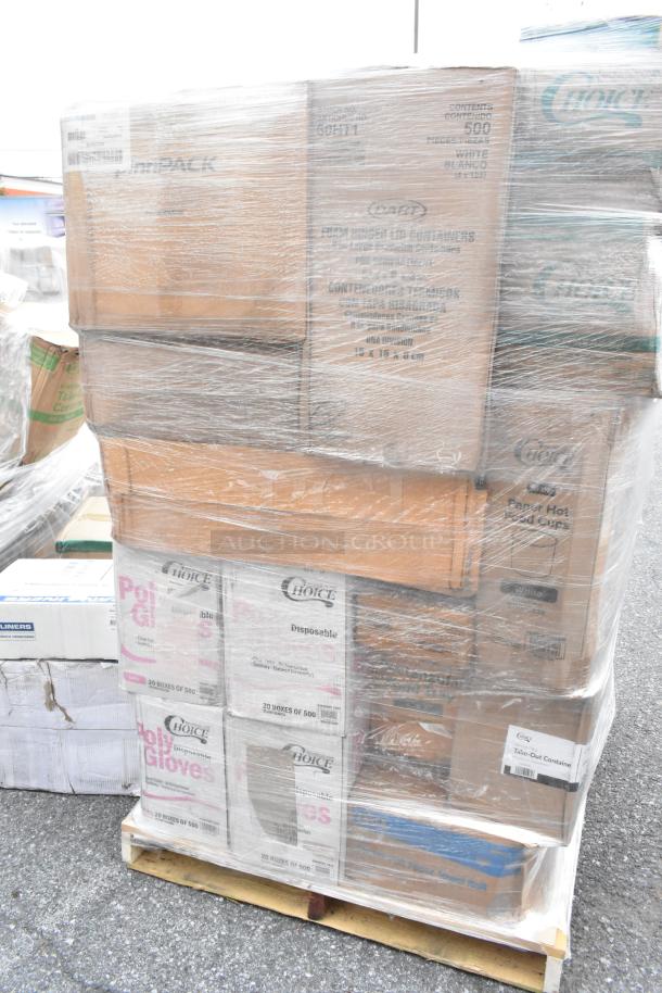 Pallet of 27 brand new scratch and dent items, including paper towels, plates, containers, gloves, wrapped for auction.
