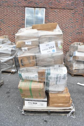 Pallet of mixed scratch and dent items, including cold cups, can liners, and takeout containers. Various brands visible, plastic-wrapped.