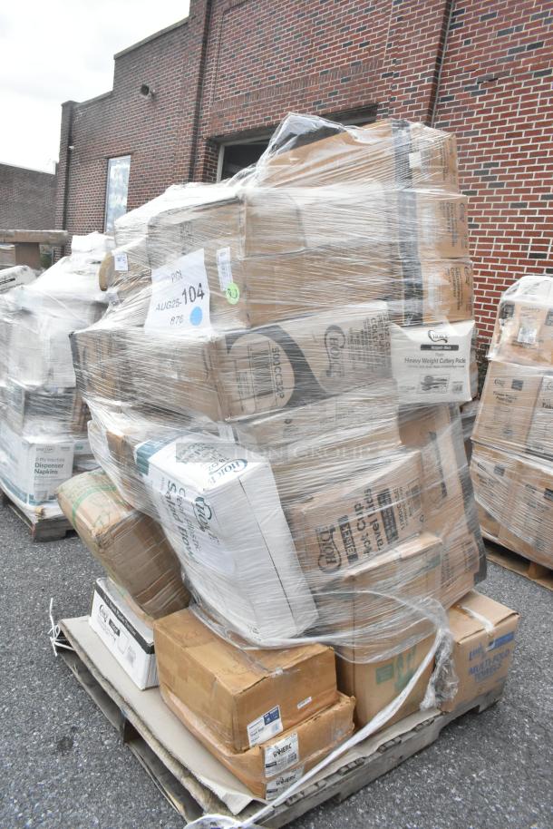 Pallet of 32 new scratch and dent items including cold cups, can liners, takeout containers; boxes shrink-wrapped, visible labels.