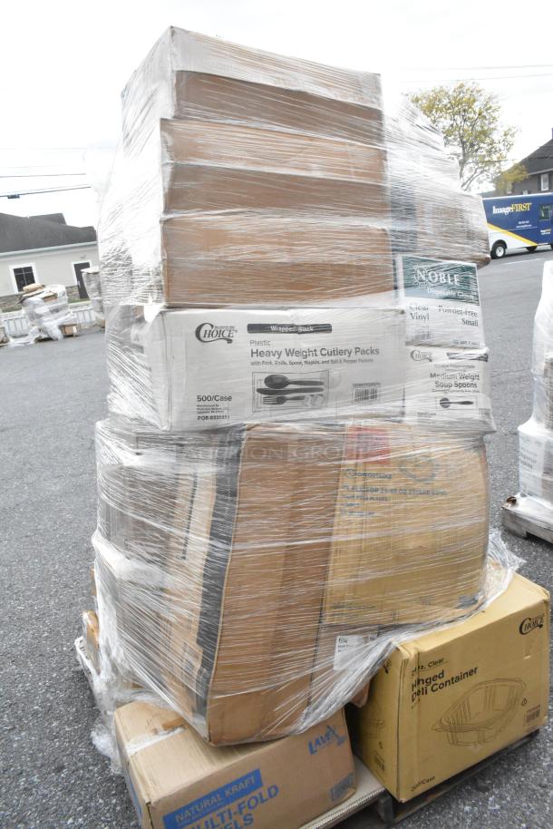 Shrink-wrapped pallet of scratch and dent items, including Choice plastic cutlery packs, Noble gloves, and hinged deli containers.