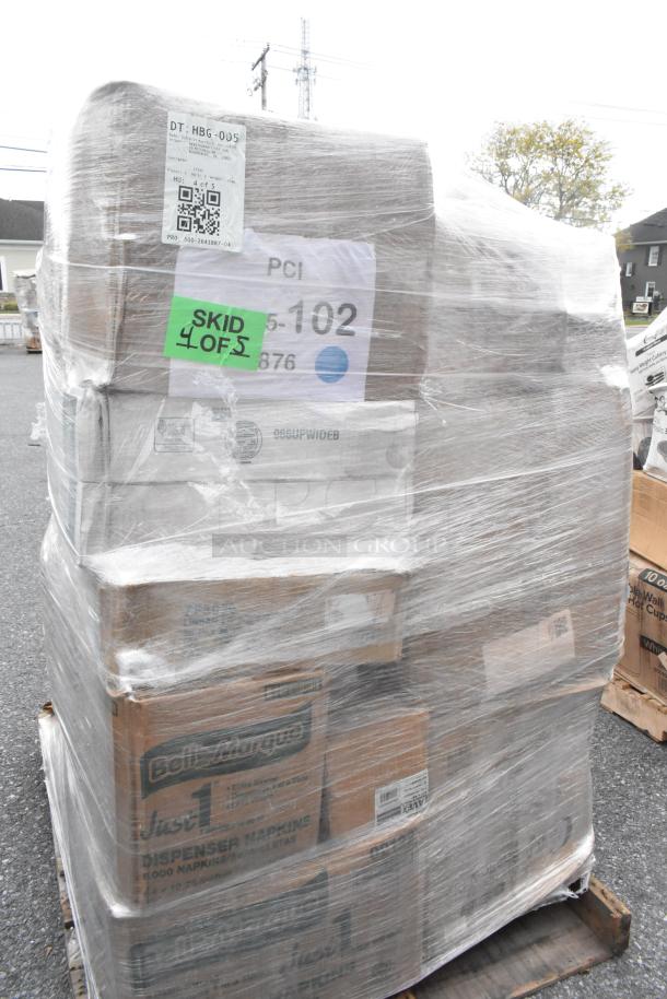 Pallet of 22 brand new, scratch and dent items, including muffin containers, napkins, and plastic cutlery packs, wrapped in plastic.