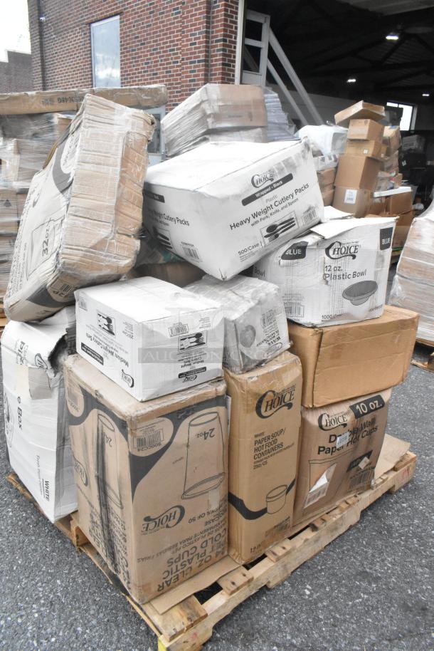 Assorted boxes of Choice-branded cutlery, bowls, and cups on a pallet, in good condition despite minor scratches and dents.