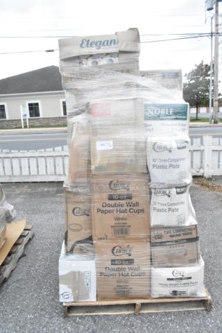 Pallet of 35 brand new scratch-dent items includes T-shirt bags, hot cups, plates, paper towels, wrapped in plastic.
