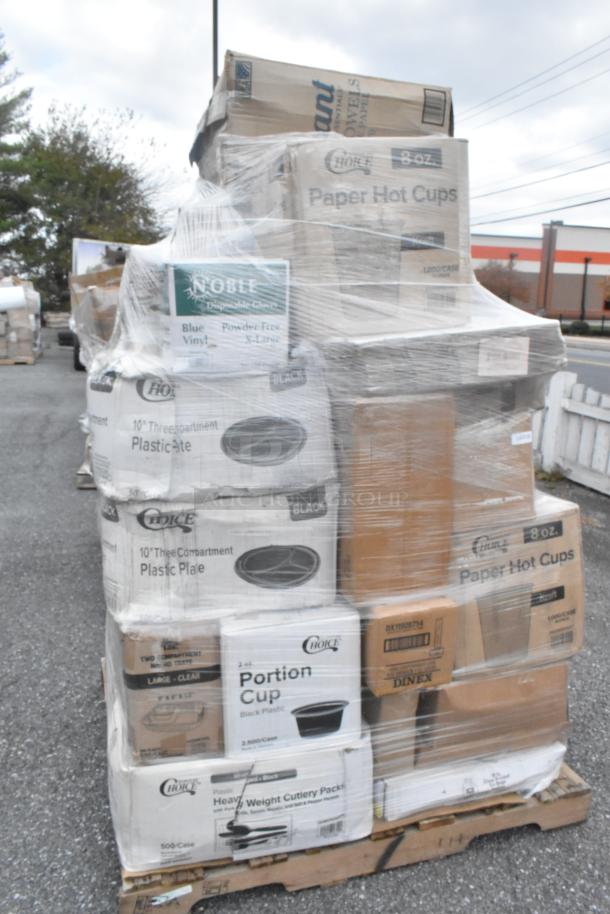 Pallet of new scratch-and-dent items including Noble gloves, Choice paper hot cups, plates, cutlery packs, all shrink-wrapped.